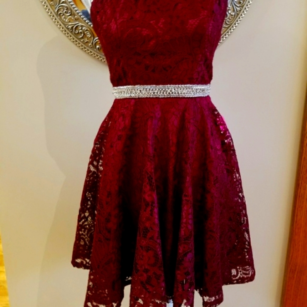 Maniju Burgundy Silver Bead Eyelet Prom Dress - Picture 8 of 8